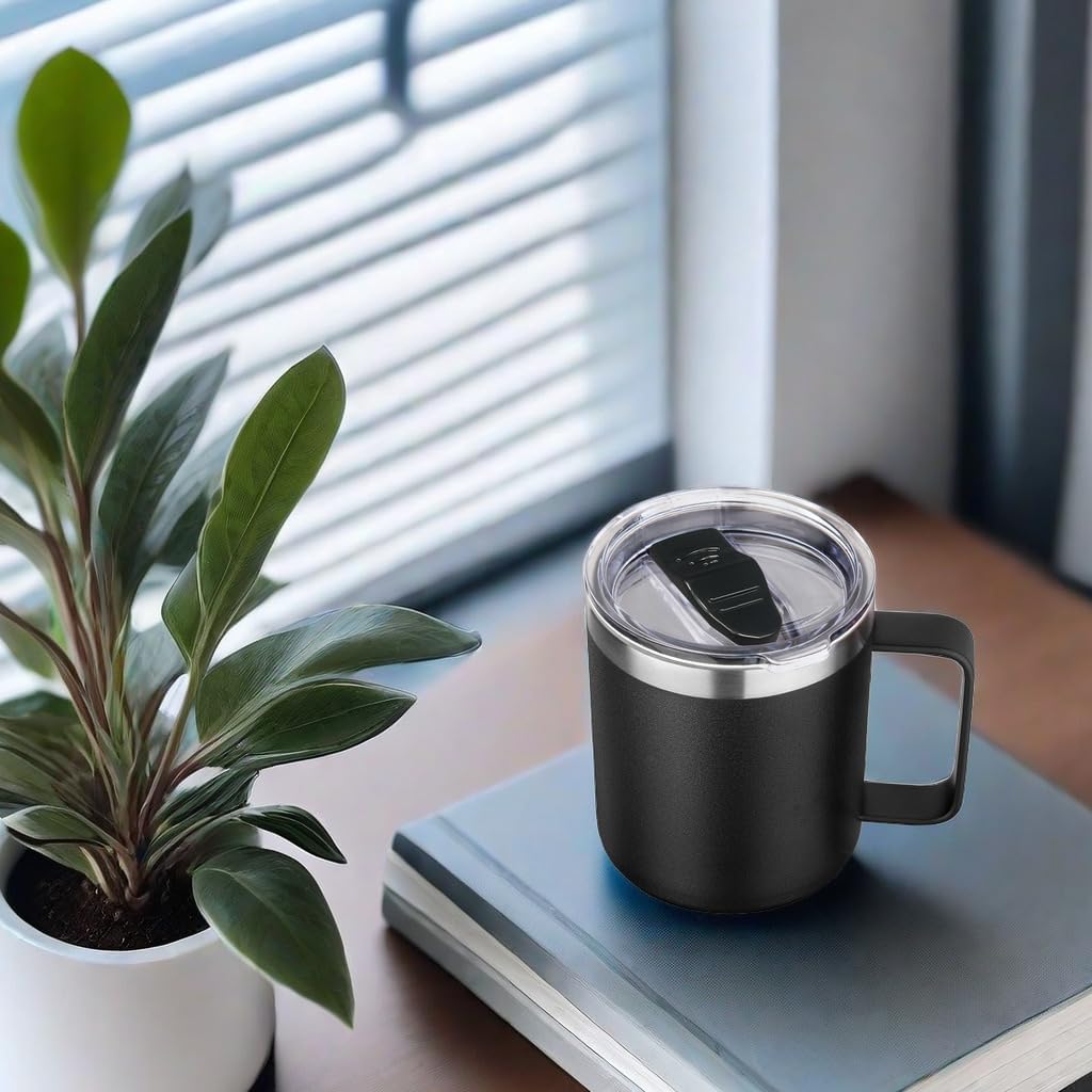 Volhoply 14oz Insulated Stainless Steel Coffee Mug with Lid Bulk 8 Pack,Double Wall Vacuum Travel Coffee Cup with Handle,Reusable Metal Cups Tumbler,Camping Mugs Keep Hot,Ideal Gifts(Black,8)