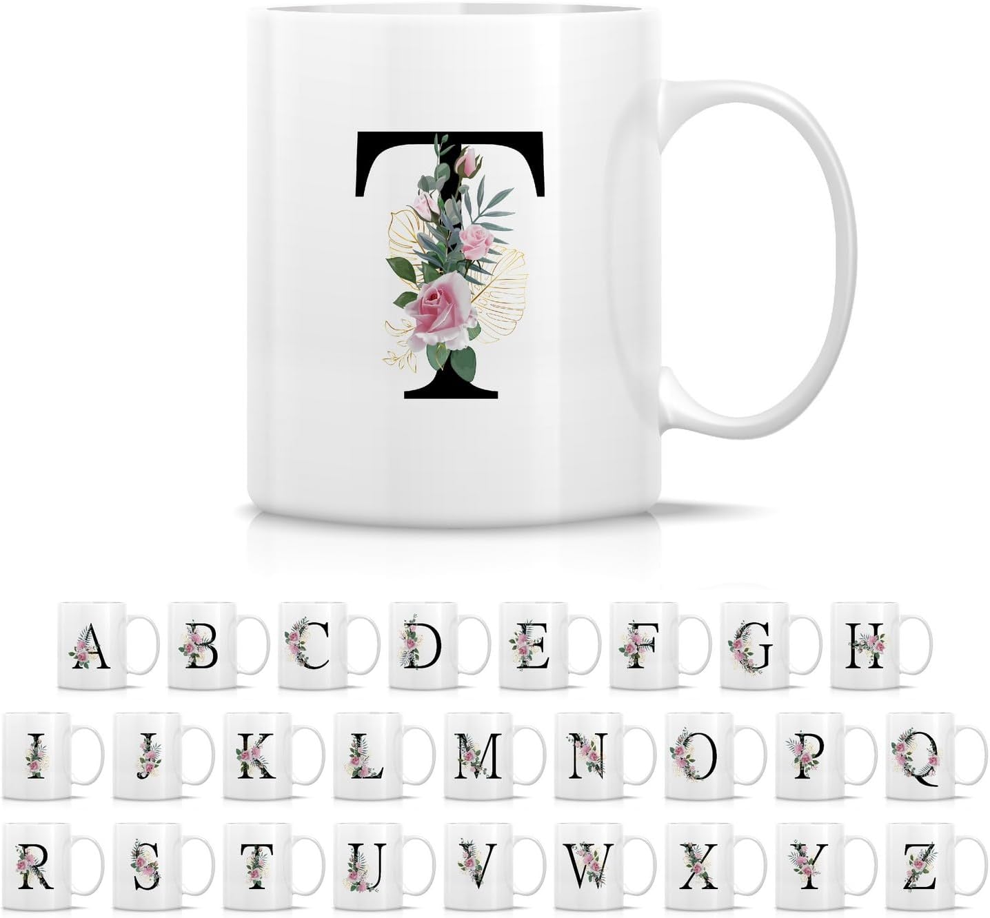 Retreez Initial A-Z Floral Botanical Bouquet Alphabet Monogrammed Monogram Mug 11 Oz Ceramic Tea Coffee Mugs - Appreciation Thank You Wedding Birthday Gifts for her friend coworker sister - T Initial