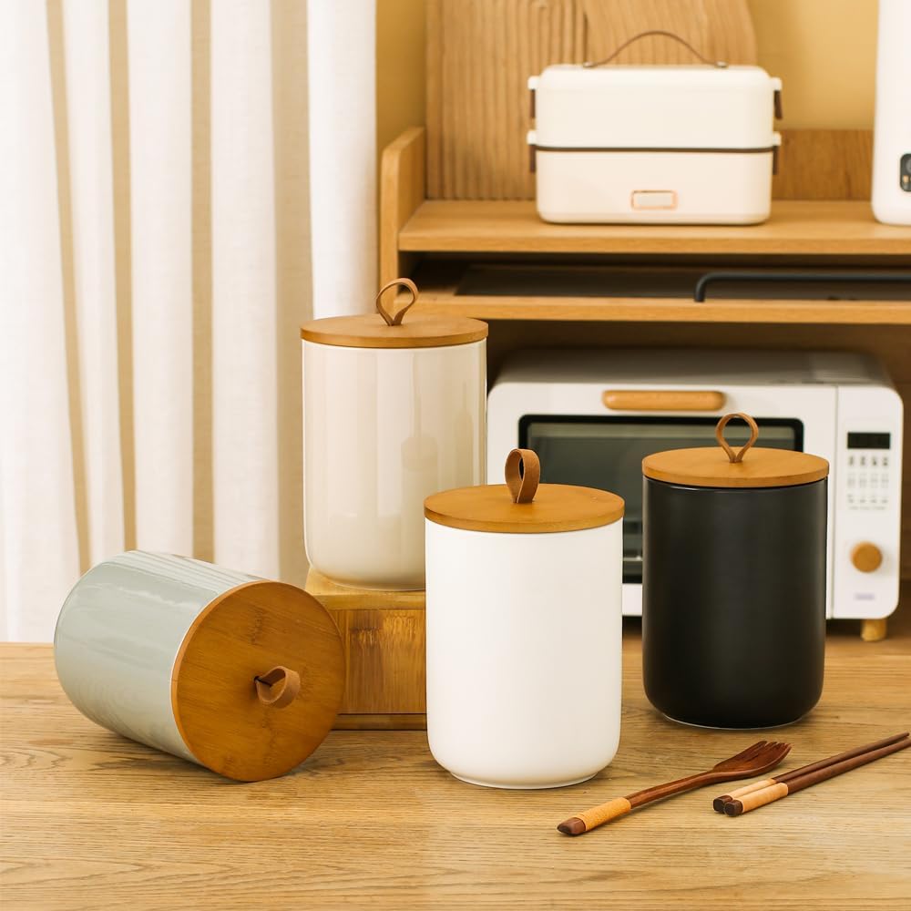 Large Ceramic Storage Jars, Modern Elegant Highly Polished Airtight Gorgeous Storage Canisters with Wooden Lid Food Storage Jar for Kitchen Spice Tea Vanilla Sugar Coffee Beans (White)