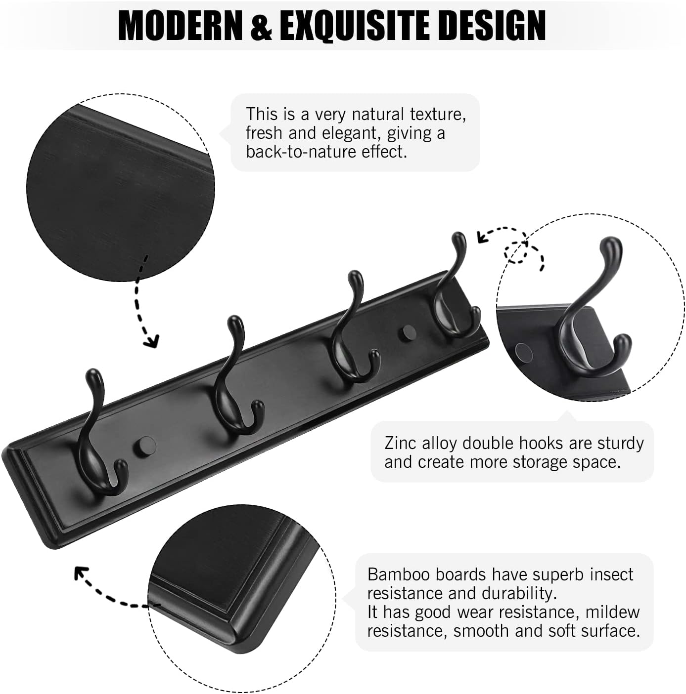 Wooden Coat Rack, Wall-Mounted Organizer for Closet, Entryway, Hallway, Foyer, Bedroom, Heavy Duty Double Hooks for Hanging Towels, Bags, Hats, Jackets, Key (Black, 4 Hooks)