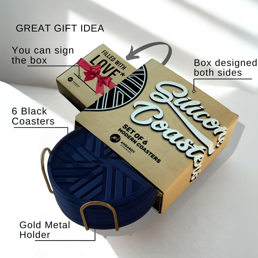 Coasters Set of 6 - Non-Slip Table Coasters for Drinks, Mugs, Glasses, Cups, Bottles - Round Pads with Stylish Groove Patterns & Gold Holder Stand - 4", 0.23" (Navy Blue)