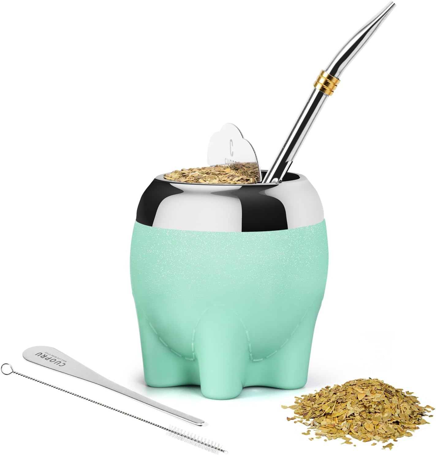Premium Yerba Mate Cup 5 in 1 Set, Including Stainless Steel Gourd (Glitter Stars, Cute Elephant Style) Bombilla Straw, and Tea Shaper Set, 5.4oz, Gift for Women Drinking Coffee Tea Water