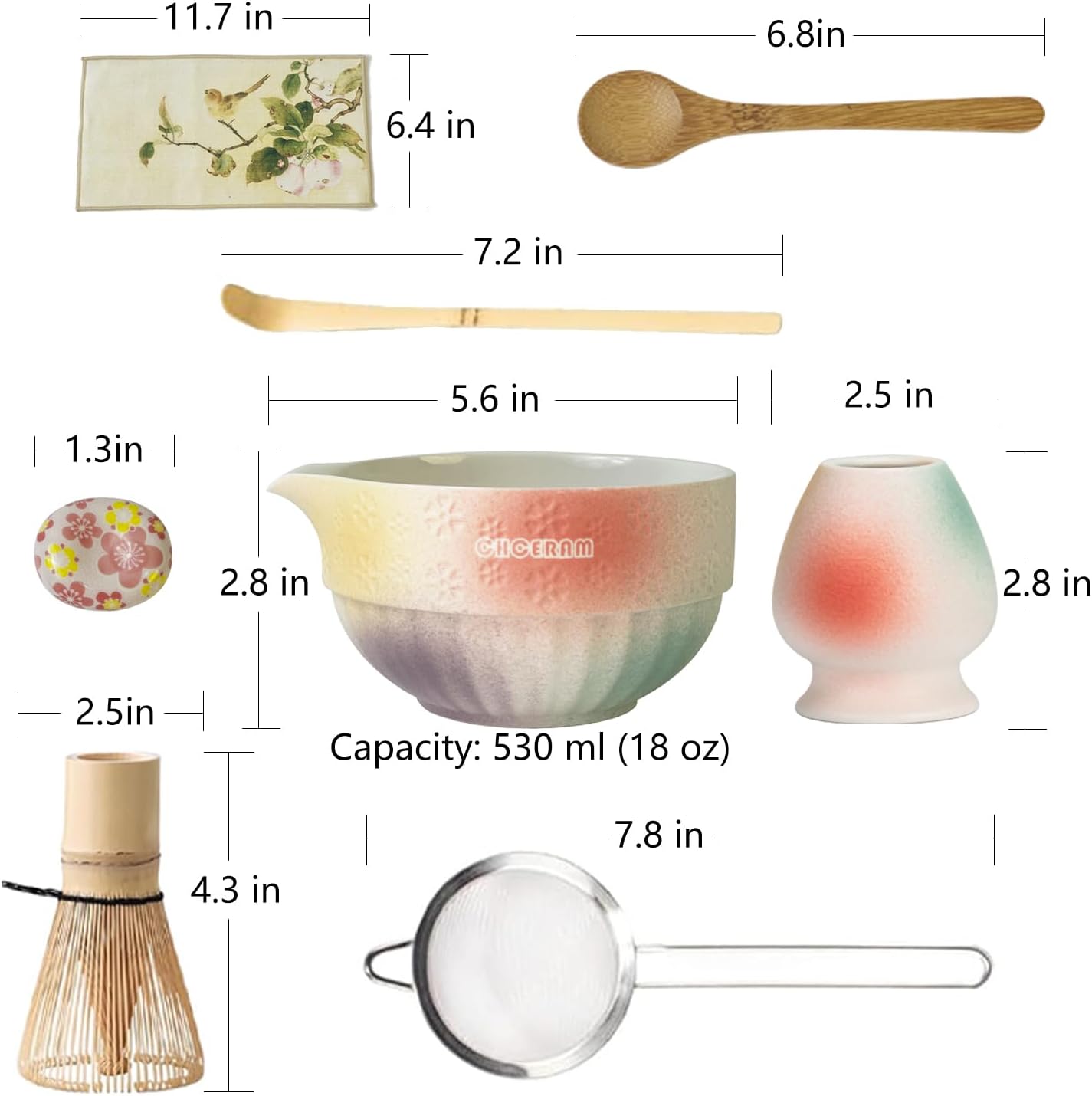 Matte Textured Ceramic Matcha Whisk Set, 8-Piece Matcha Kit Includes Matcha Bowl, Bamboo Whisk, Chasen Holder, Scoop, Scoop Rest, Sifter & Tea Towel for Japanese Tea Ceremony, Latte Making & Home Use