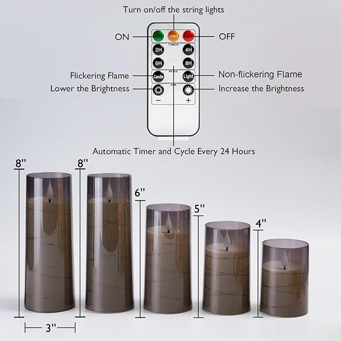 Homemory Flameless Candles with Embedded Star String Fairy Lights, Battery Operated Candles, LED Candle, Fake Candles with Remote Control and Timer for Halloween, Gray Acrylic, Set of 5(H4"5"6"8"8")