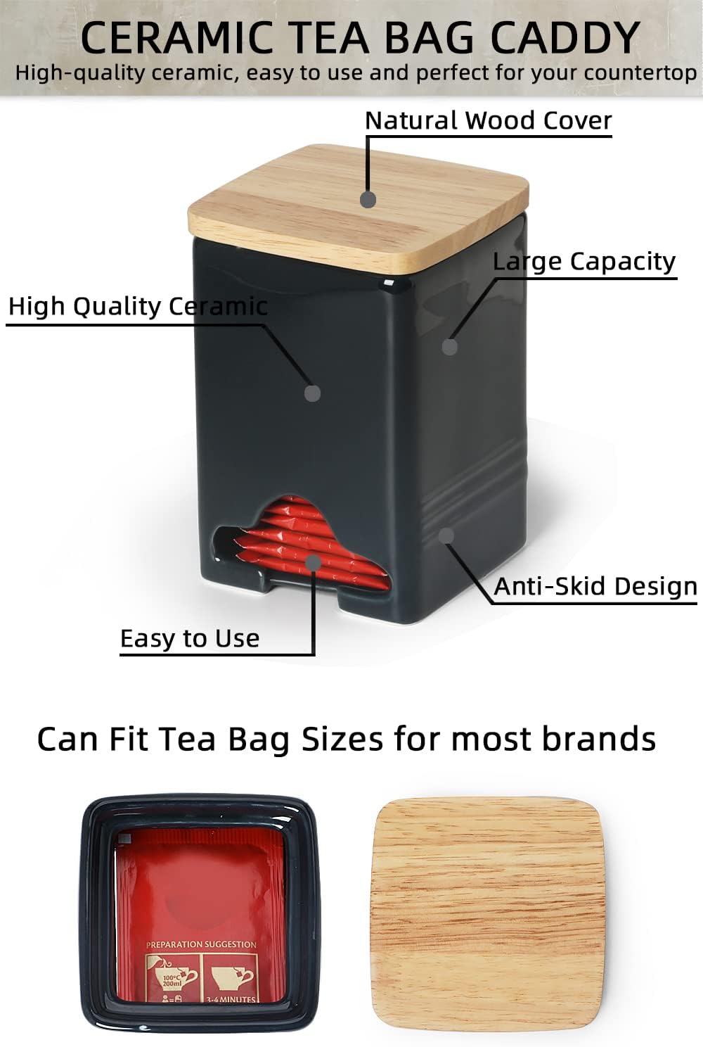 Ceramic Tea Bag Storage Organizer Caddy Holder with Lid (Navy)