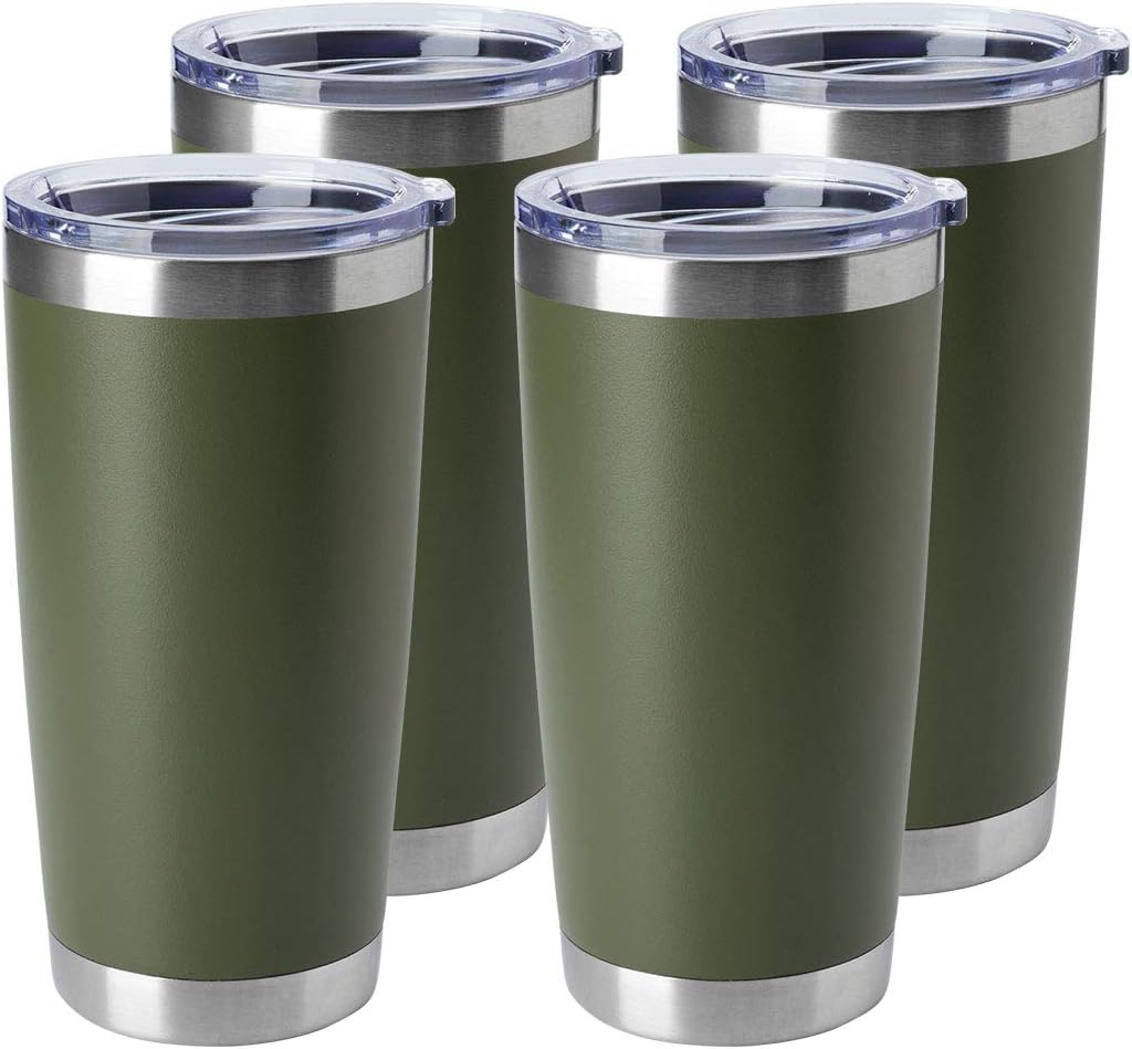 HASLE OUTFITTERS 20oz Stainless Steel Tumblers Bulk, Insulated Travel Cup with Lid, Double Wall Vacuum Coffee Mug for Cold & Hot Drinks 4 Pack, Army Green