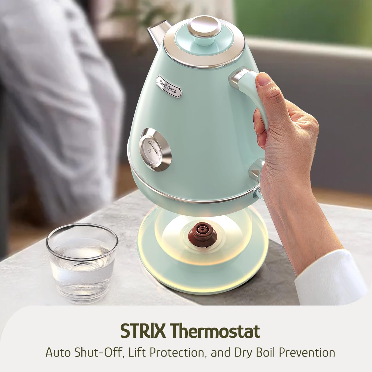 Hazel Quinn Retro Electric Kettle - 1.7 Liters / 57.5 Ounces Tea Kettle with Thermometer, All Stainless Steel, 1200 Watts Fast Boiling, BPA-free, Cordless, Automatic Shut Off - Mint Green