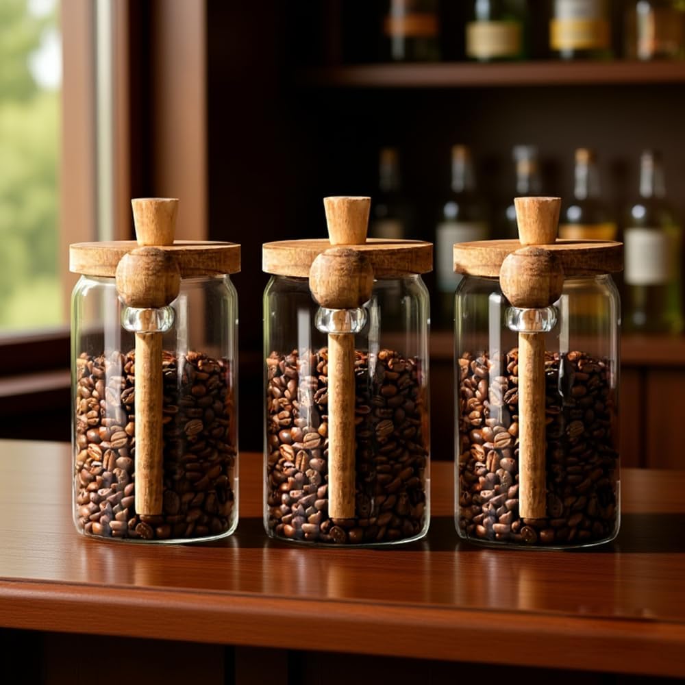 Set of 3 Glass Jars Containers with Wooden Handles Lids and Scoop Clear Canister Jars Set with Spoon for Kitchen Food Storage Coffee Tea Sugar Decorative Countertop Organization Jars 25 oz
