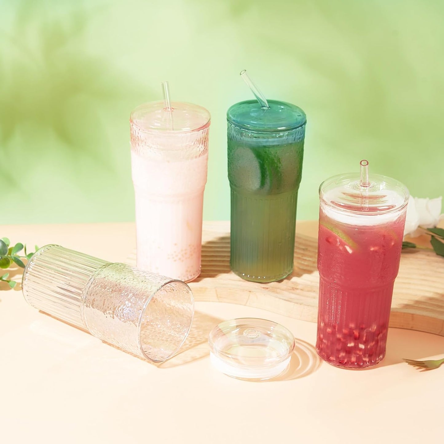 Glass Coffee Cups with Lids and Straws, 20 OZ Green Iced Water Glasses Tumblers for Ice Juice, Tea, Milk, Smoothie and Cold or Hot Drinks, Set of 2