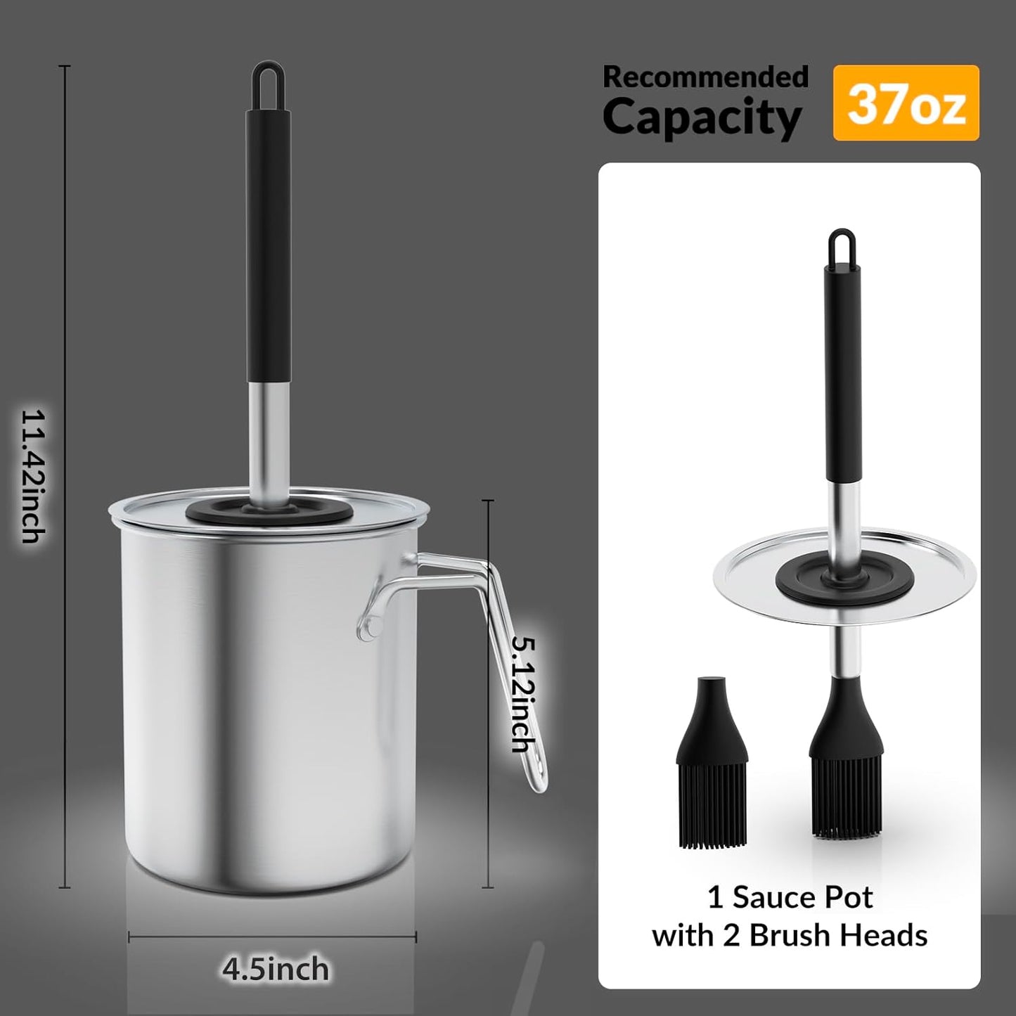 Geesta Adjustable Sauce Pot and Basting Brush Set, Long Stainless Steel Basting Brush for Cooking, Smoking, Fathers Day Grilling Gifts for Men Smoker Accessories, Large Capacity Grilling Tools, 1 Pack