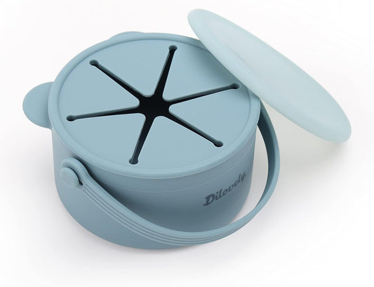 Snack Cups for Toddlers, Baby Snack Containers, Silicone Toddler Snack Cups No Spill, Food Catcher with Lid & Bucket-like Handle, BPA Free & Dishwasher Safe, 9 Ounce Smoke Blue