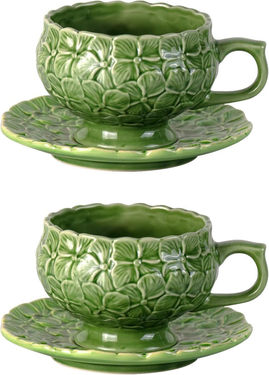 KAMMAK Tea Cups and Saucers Set of 2, Porcelain Coffee Cups, 8.5-Ounce Stackable Espresso Mugs, Ceramic Demitasse for Coffee, Latte, Americano, Tea, Green Flower