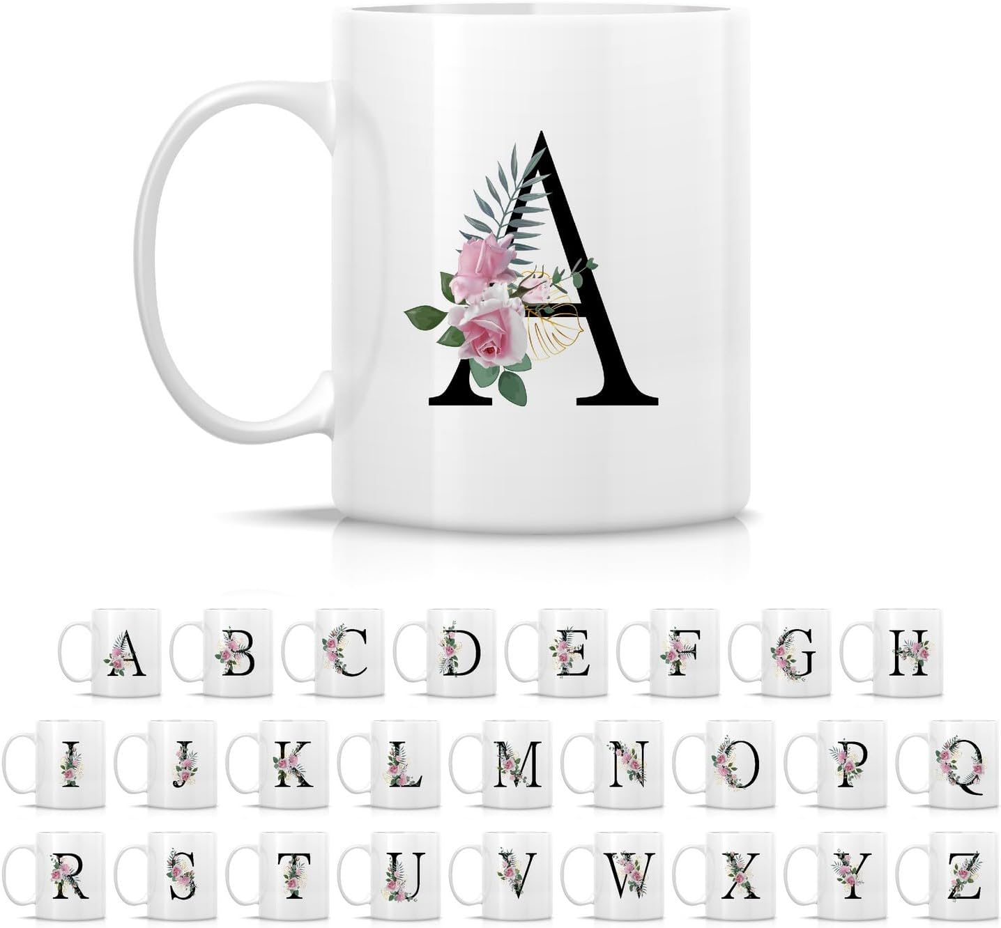 Retreez Initial A-Z Floral Botanical Bouquet Alphabet Monogrammed Monogram Mug 11 Oz Ceramic Tea Coffee Mugs - Appreciation Thank You Wedding Birthday Gifts for her friend coworker sister - A Initial
