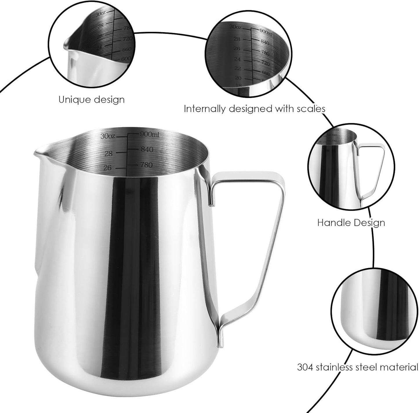 4 Pack Milk Frothing Pitcher 900ml Stainless Steel Milk Jug with Measurement Marks, 32oz Steaming Pitcher for Coffee, Cappuccino, Latte Art, Includes Art Pen, (4)