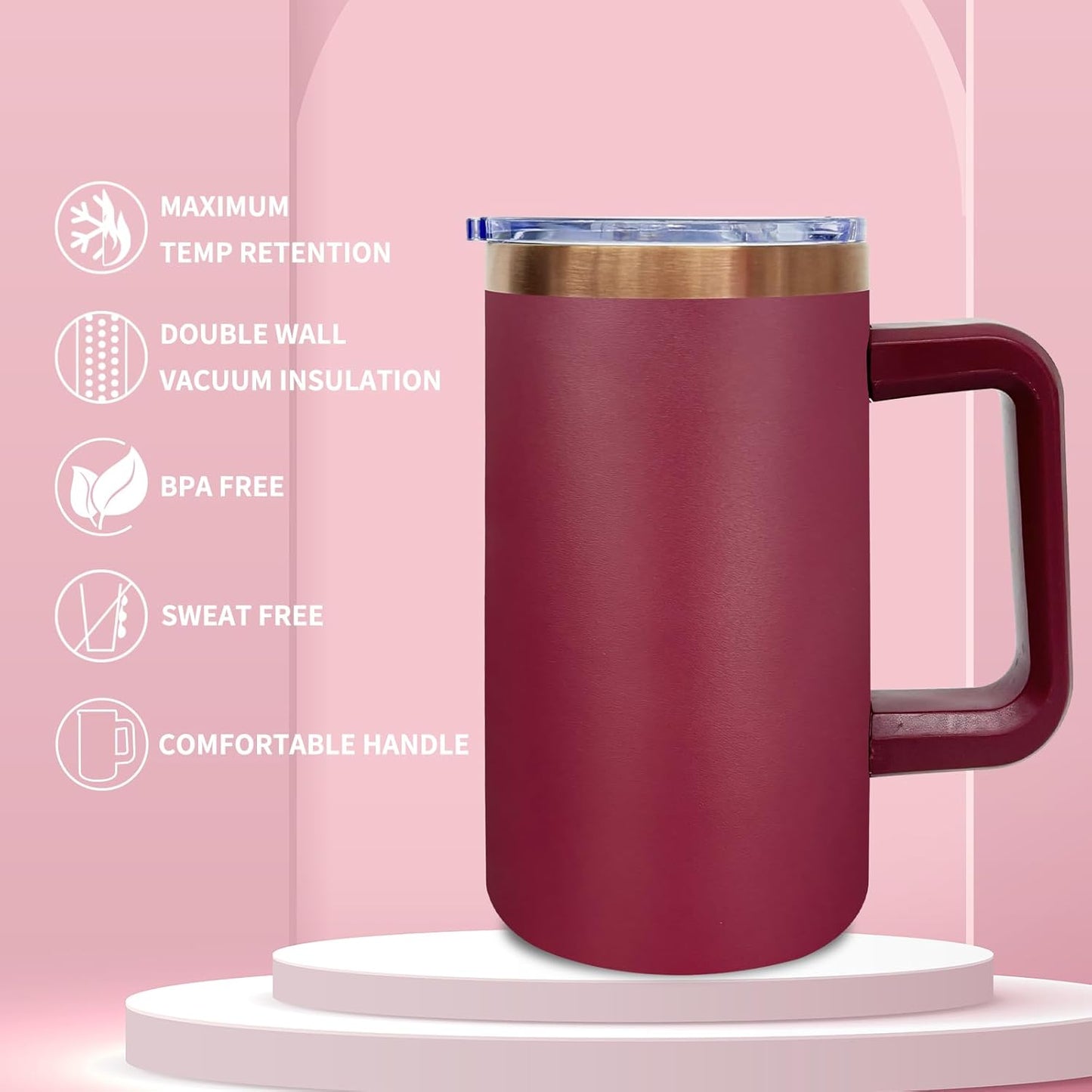 20 oz Insulated Coffee Mug with Lid, Stainless Steel Coffee Tumbler Bulk, Double Wall Vacuum Travel Mug with Handle, Leakproof Powder Coated Coffee Cups for Hot and Cold Drinks (Red,1 pack)