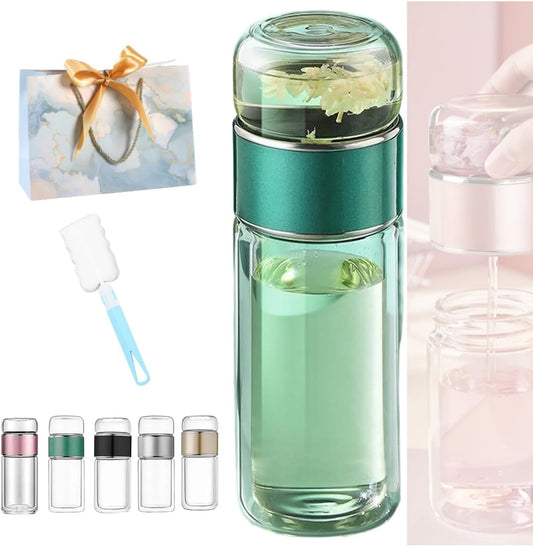 Tryteava Glass Infuser, Tryteava 3-in-1 Smart Tea Infuser, Portable Glass Double Wall Tea Infusers Bottle, with Stainless Steel Filter, Hot & Cold Brew, For Loose Leaf, Office Home (Green, 350ml)