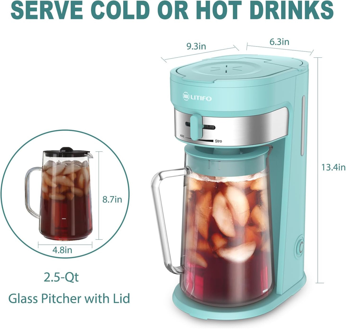 LITIFO Iced Tea Maker and Iced Coffee Maker Brewing System with 2.5-quart Pitcher, sliding strength selector for Taste Customization, Stainless Steel (Green)