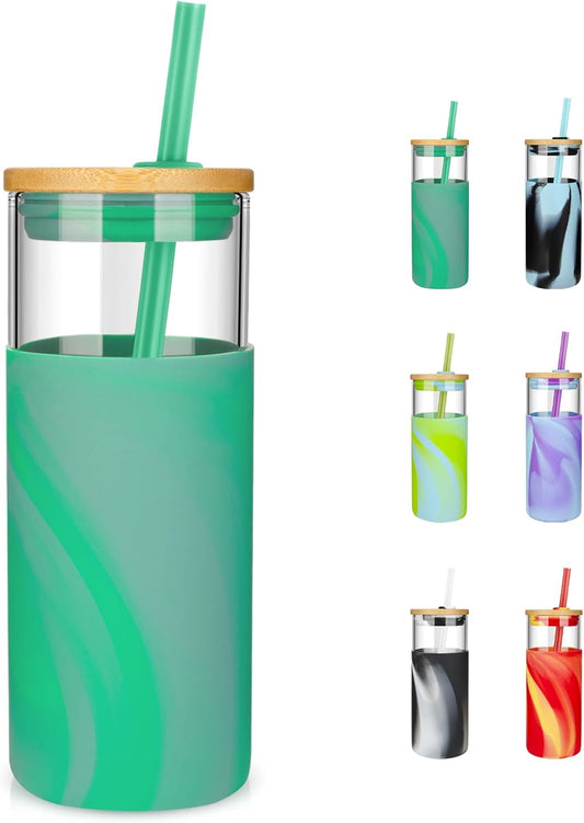 Tronco 20 oz Glass Tumbler with Straw and Lid- Glass Cup with Lid and Straw, Iced Coffee Cup Reusable, Smoothie Cups, Bamboo Lid and Protective Silicone Sleeve - BPA-Free