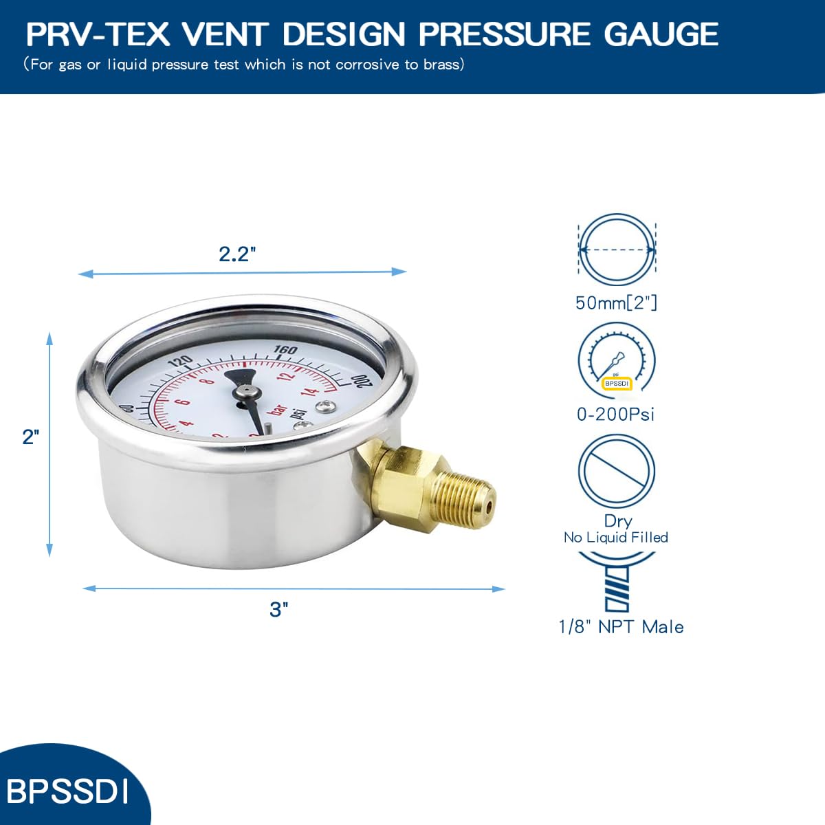 0-200 Psi Pressure Gauge, 2.5" Dial Size, 1/8" NPT Lower Mount, 304 Stainless Steel Case, Water Pressure Gauge Test for Pool Pump, Sand Filter, Air Compressor, Espresso(with Tape)