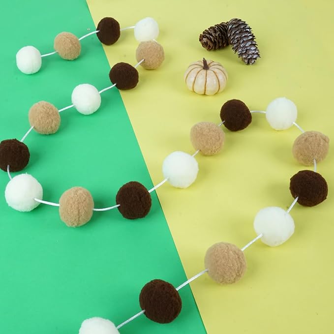TBD Decor 2pk Pom Pom Garland 13FT Colorful Large Felt Ball Garland Fall Decoration for Mantle,Indoor Holiday Wedding Birthday Party Supplies(White Brown,4cm)