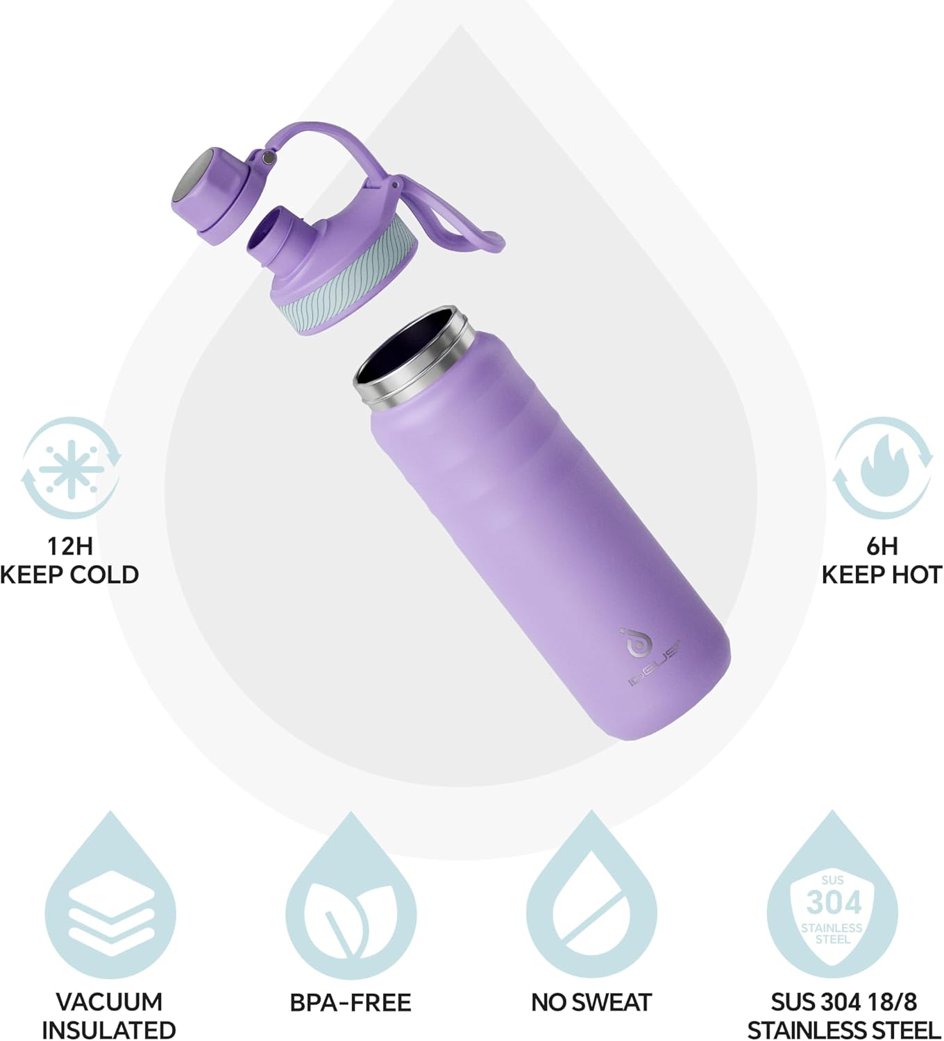 IDEUS Insulated Stainless Steel Water Bottle with 2 Leak-Proof Lids, Thermal Water Flask for Hiking Biking, 24oz, Violet