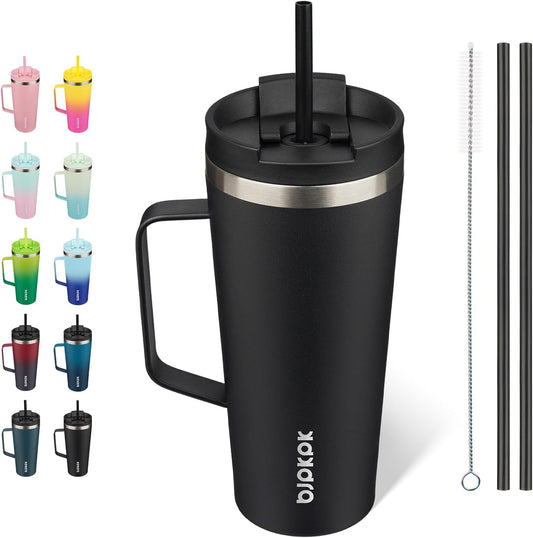 BJPKPK Insulated Tumbler with Handle, 22oz Insulated Tumblers with Lid and Straw, Stainless Steel Metal Water Bottles, Coffee Travel Mugs, Cups, Black