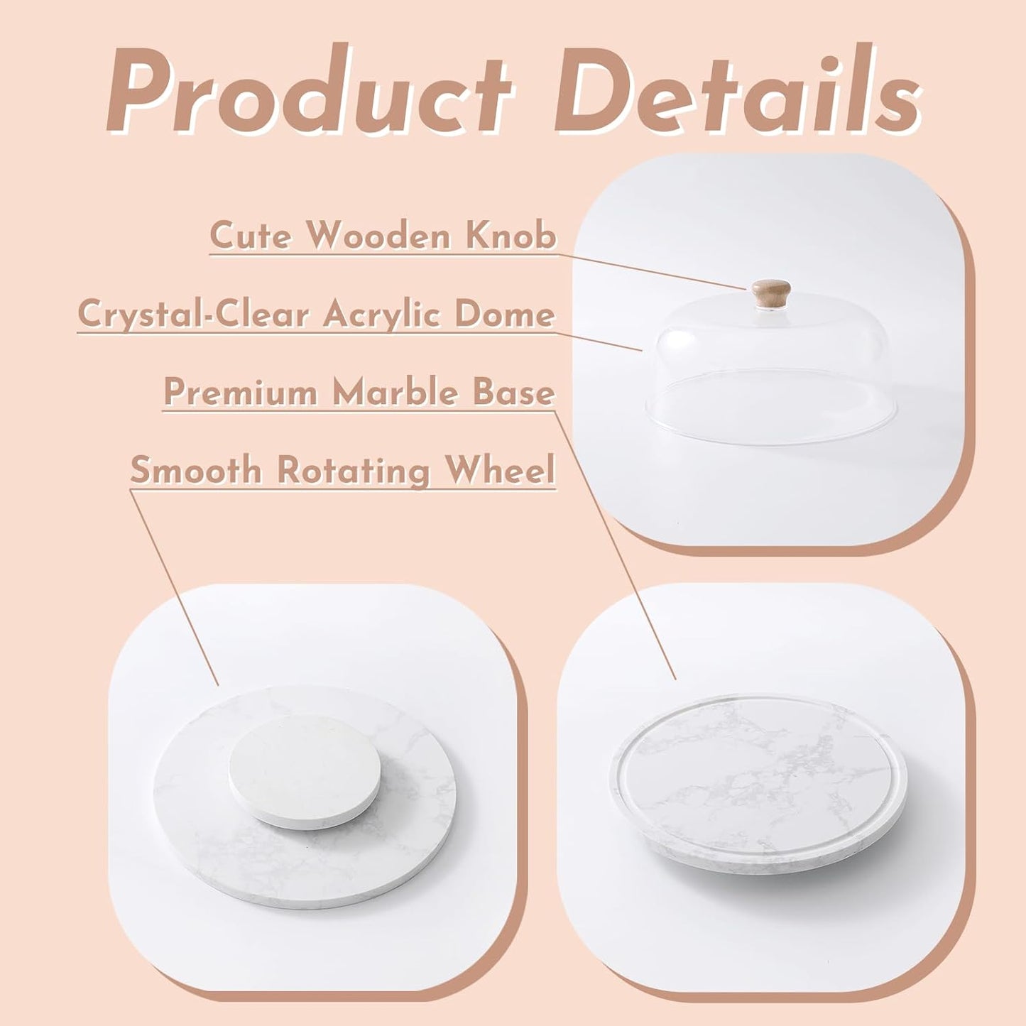Marble Cake Stand with Acrylic Dome Lid, Cake Holder 360° Rotating, Cake Plate Board for Party, Wedding, Cake Display Stand with Dome Cover,Charcuterie Boards for Cheese, Chips, Fruit
