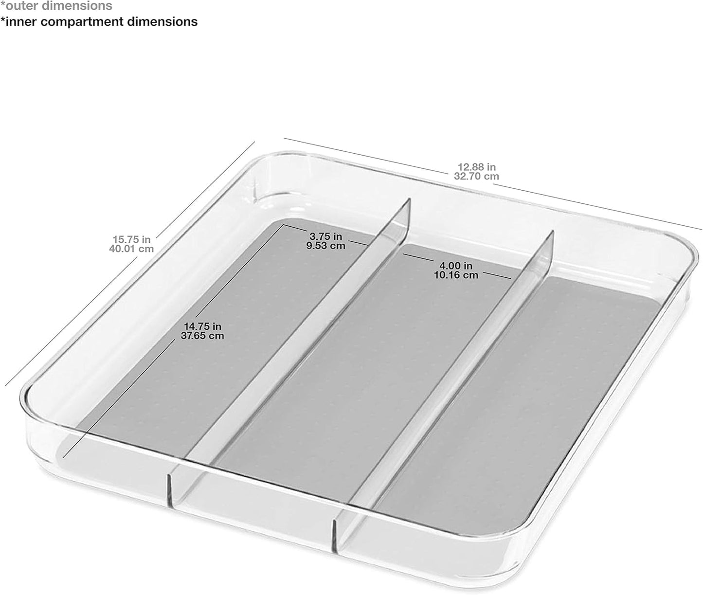madesmart Utensil Tray - Large | Light Grey | Clear Soft Grip Collection | 3-compartment | Soft-grip Lining | Non-slip Feet | BPA-free