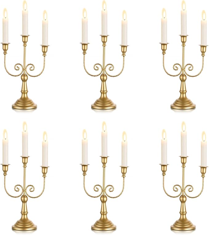 Sziqiqi Gold Taper Candle Holder for Centerpiece - 3-arm Candlesticks Holder for Wedding Table Centerpieces Metal Candle Stick Holders for Fireplace Mantle Set of 6