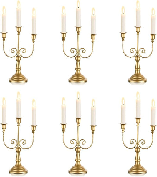 Sziqiqi Gold Taper Candle Holder for Centerpiece - 3-arm Candlesticks Holder for Wedding Table Centerpieces Metal Candle Stick Holders for Fireplace Mantle Set of 6