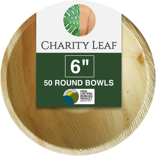 Charity Leaf Disposable Palm Leaf 6" Round Bowl (50 pcs) Dipping Bowls | Bamboo Like| All Natural and Biodegradable | Charcuterie Boards, BBQs, and Parties