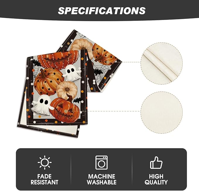 Artoid Mode Jack-O'-Lantern Pumpkin Ghost Spider Web Halloween Table Runner,Holiday Kitchen Dining Table Decoration for Home Party Decor 13 x 72 Inch