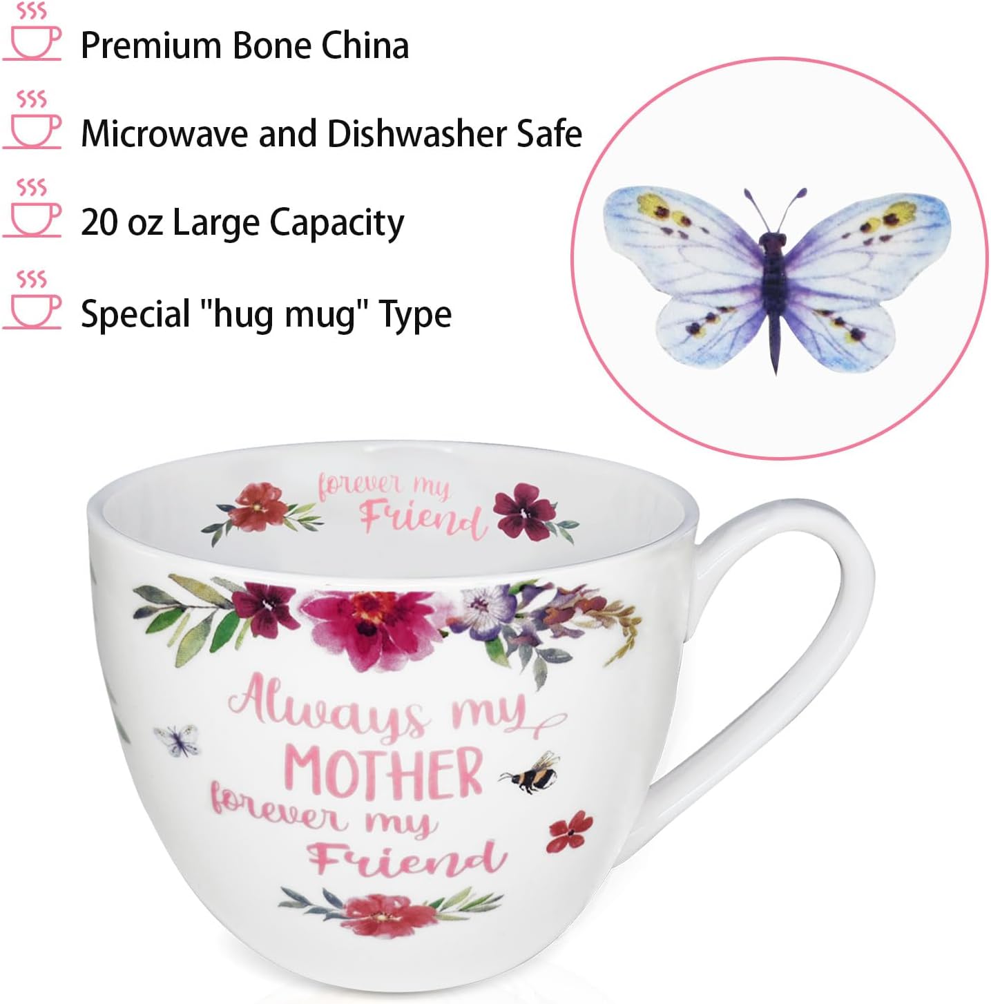 Mom Mugs for Daily Coffee and Tea, Premium 20 oz Bone China Coffee Tea Hug Mug, Perfect Holiday, Birthday, and Mother's Day Gift for Moms, Designed in England by Harvest Green Studio