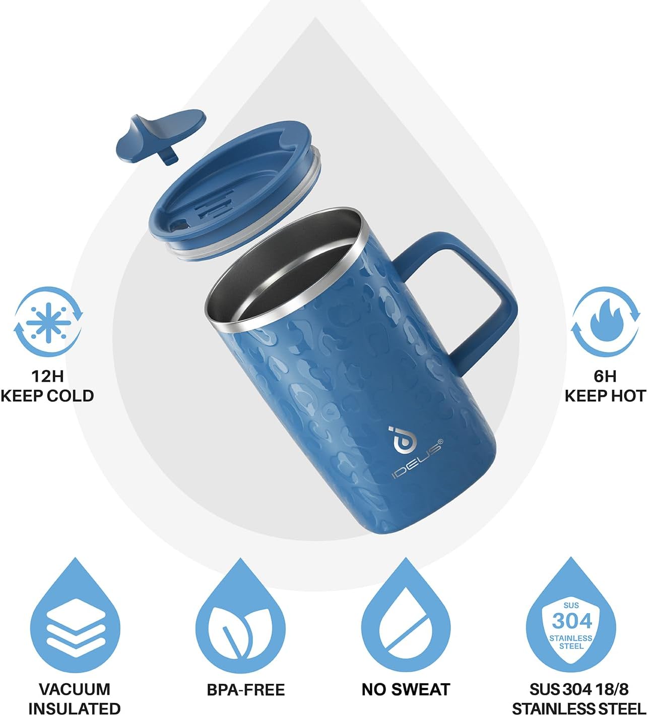 Ideus Vacuum Insulated Coffee Mug, 16oz Reusable Stainless Steel Thermal Double Walled cup with Handle and Slider Lid for Hot & Cold Beverages, BPA Free (Leapord Blue)