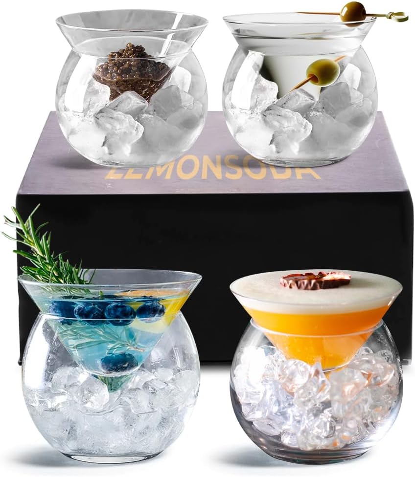 LEMONSODA Stemless Martini Glasses with Chiller - Set of 4 - Elegant Cocktail Glass Set with Server Bowl - Martini Gift Set for Margarita, Espresso Martinis, Manhattan Cocktails - Housewarming Gifts
