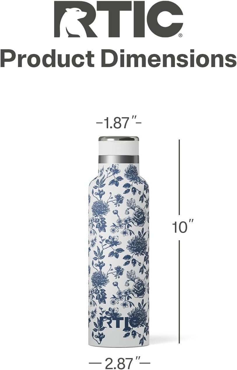 RTIC 20oz Journey Bottle Metal Stainless Steel Vacuum Insulated, BPA Free, Reusable, for Water, Hot and Cold Drinks, Travel, Sports, Camping, Blue Bouquet