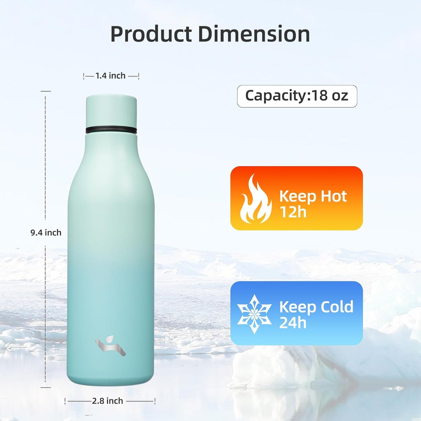 Insulated Water Bottle with Strap,18 oz Double Wall Stainless Steel Vacuum Bottles Metal Water Flask,Mint