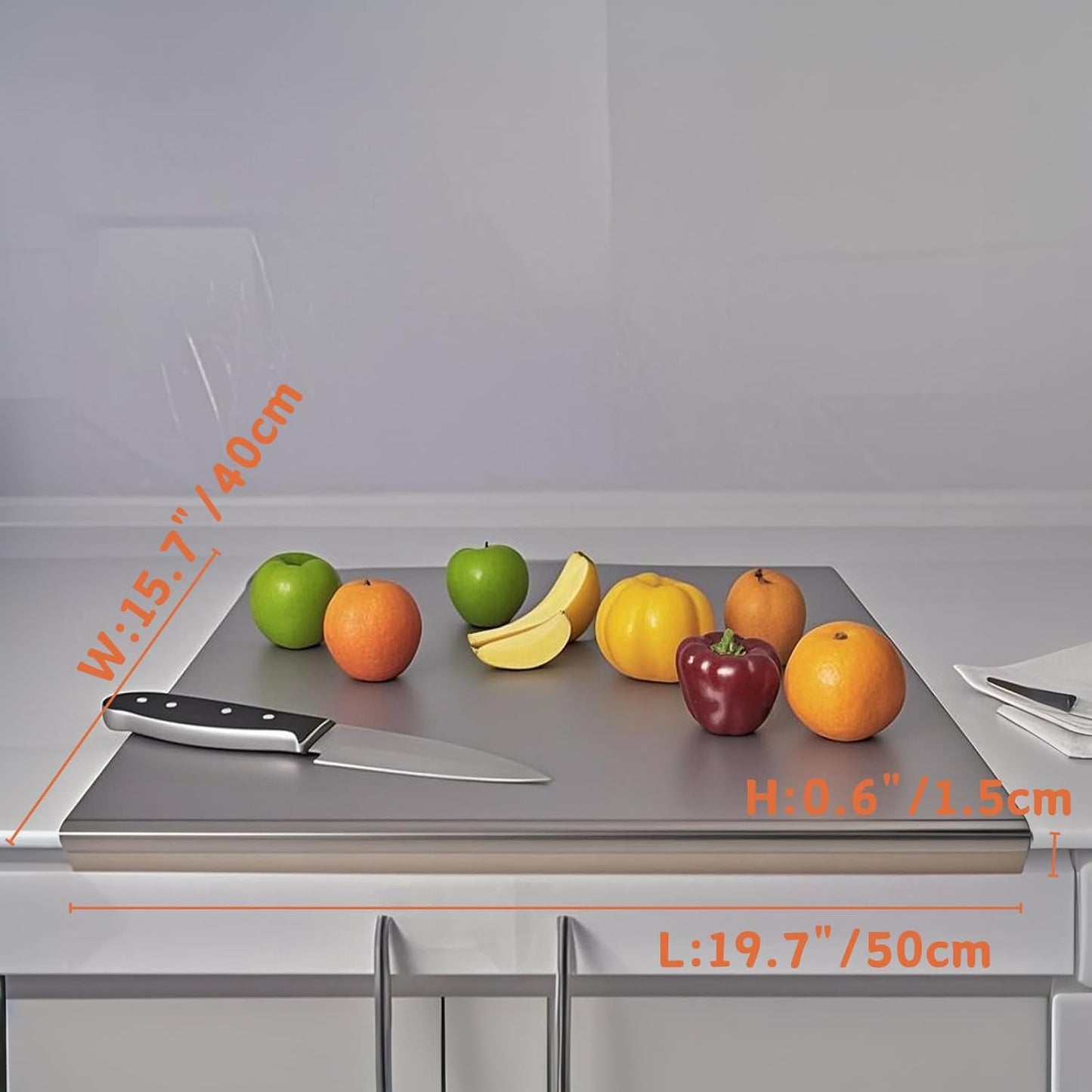 Stainless Steel Cutting Boards with Lip for Kitchen,Chopping Boards for Countertop,Large Metal Cutting Board over Sink Suitable for Meat, Fruits,Vegetables,Bread,Cake,Pasta,Noodle,Pizza(19.7"*15.7")