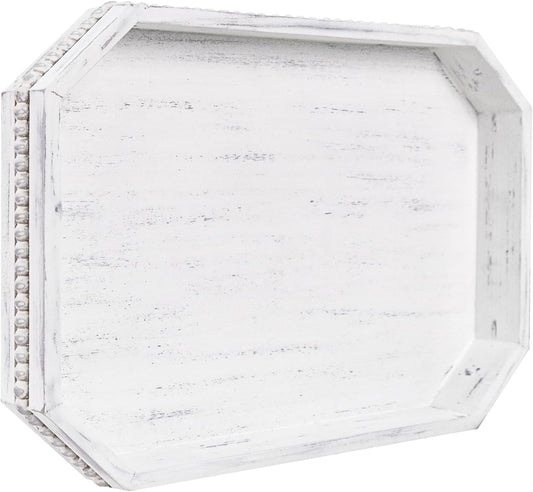 Wooden Decorative Tray, Rustic Serving Tray with Wood Bead, Farmhouse Big Tray for Ottoman, Countertop, Coffee Tabl, 16.5" x 13"x 1.6" (Retro White)