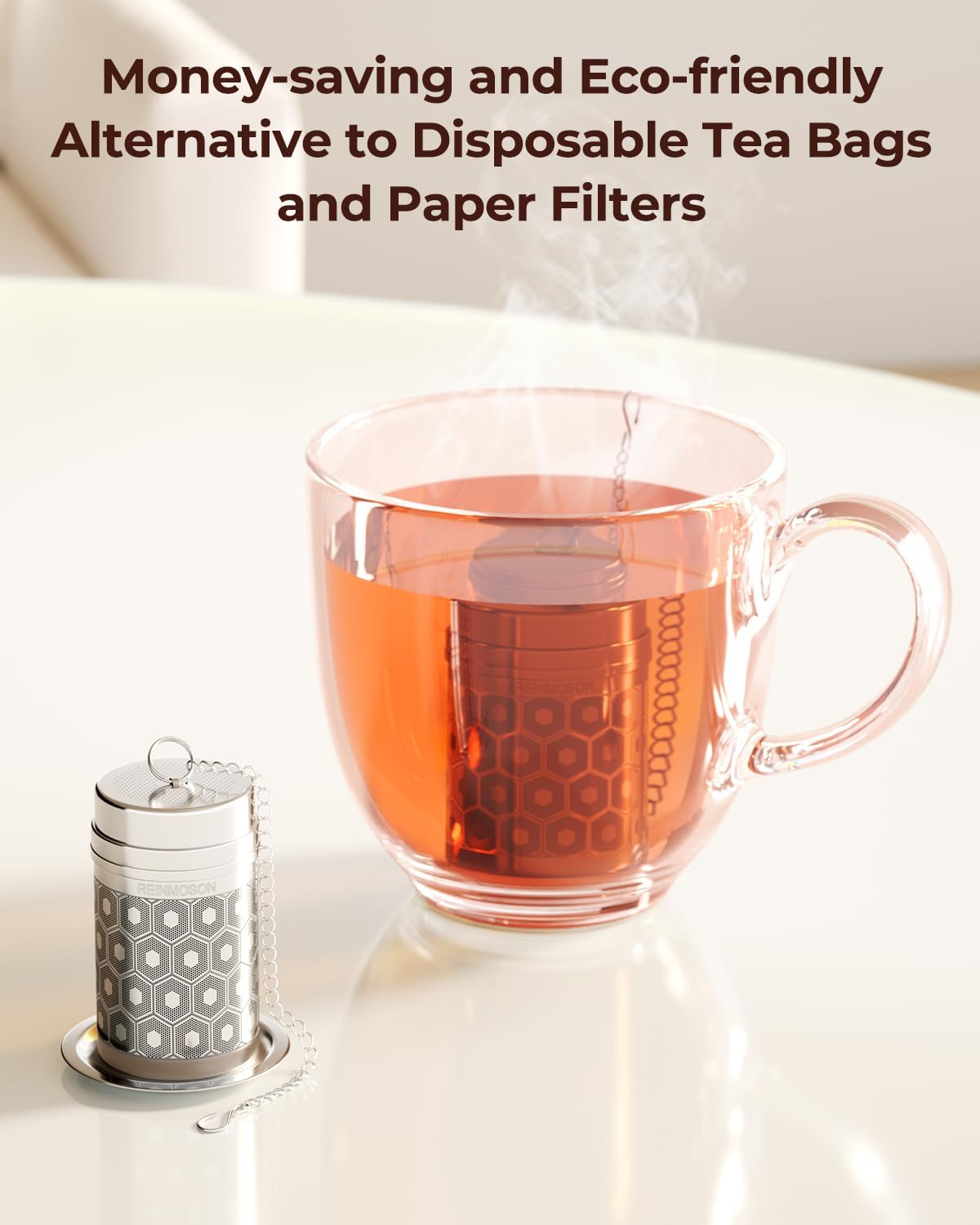 2 Pack Reinmoson Mini Tea Strainers for Loose Tea, Extra Fine Mesh Tea Infuser, 304 Stainless Steel & Updated Slim Threaded Lid, Loose Leaf Tea Steeper for Black Tea, Rooibos, etc
