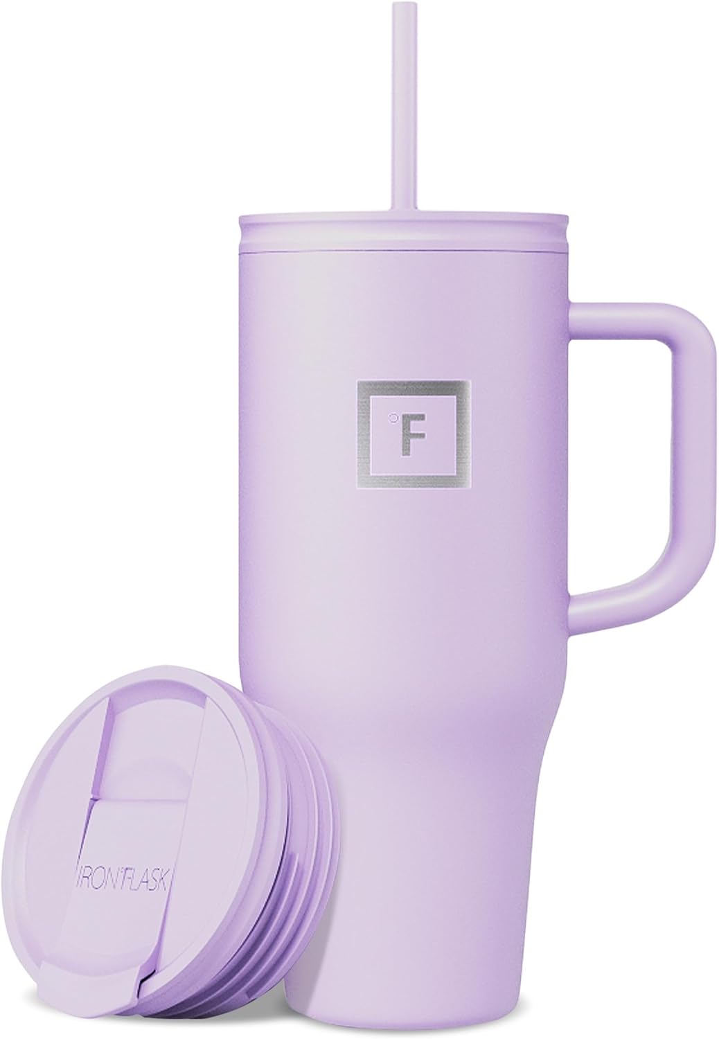 IRON °FLASK Co-Pilot Insulated Mug w/Straw & Flip Cap Lids - Cup Holder Bottle for Hot, Cold Drink - Leak-Proof - Water, Coffee Portable Travel Mug - Lavender, 32 Oz