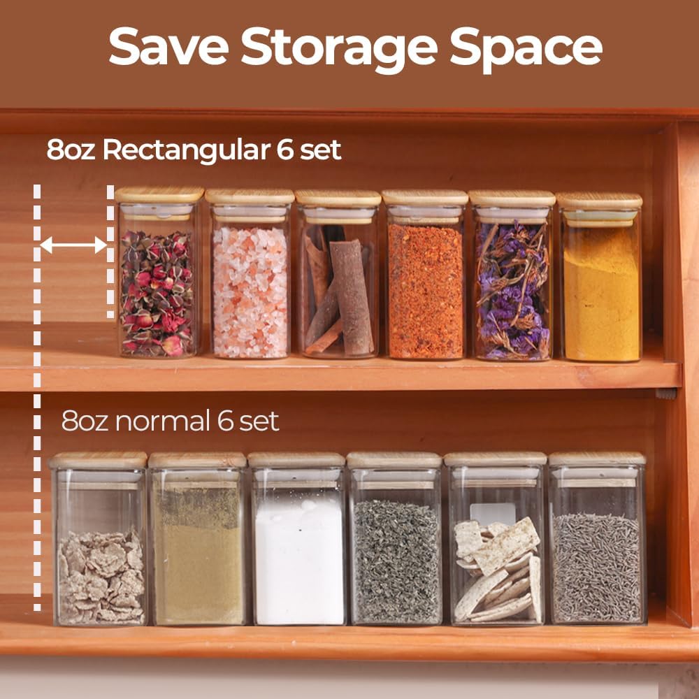 Comsaf Spice Jars with Label，8 oz Small Glass Jars with Lids, 6 Pcs Seasoning Containers, Rectangle Glass Containers with Lids, Empty Seasoning Jars for Pantry Storage, Loose Tea, Herbs, Powders, Salt
