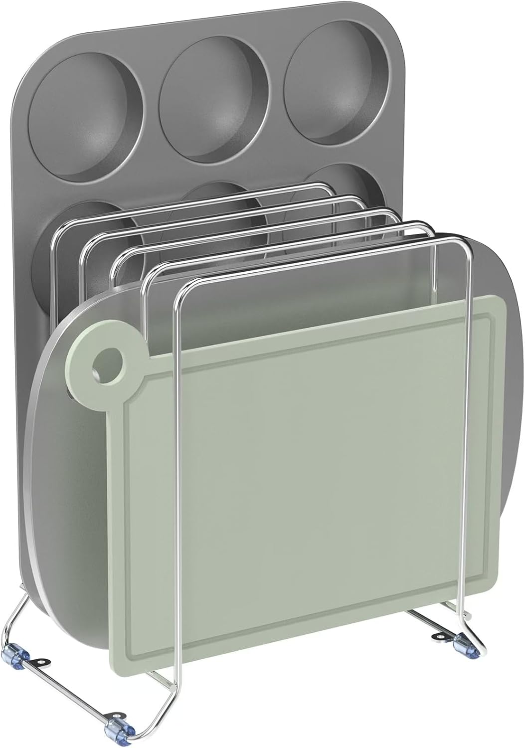 AKAZA 2 Pack-X-Large Kitchen Cabinet Organizer - Storage Tray Organizer Rack for Kitchen Cabinet - Divided Holder with 5 Slots for Skillets, Cutting Board, Baking Sheets(Chrome)