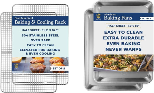 Ultra Cuisine Stainless Steel Cooling Rack & Aluminum Baking Pan Set - Professional Quality, Fits Half Sheet Pans - Cookie Sheet for Baking - 11.5"x16.5" Rack, 18"x13" Pan