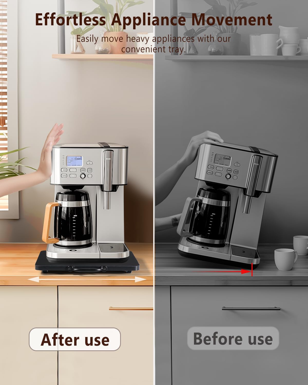 Appliance Slider, Sliding Tray for Coffee Maker, Coffee Pot Slider for Countertop, Kitchen Appliance Rolling Tray with Rubber Wheels,Medium - Wide, Black (13” x 9.5”)