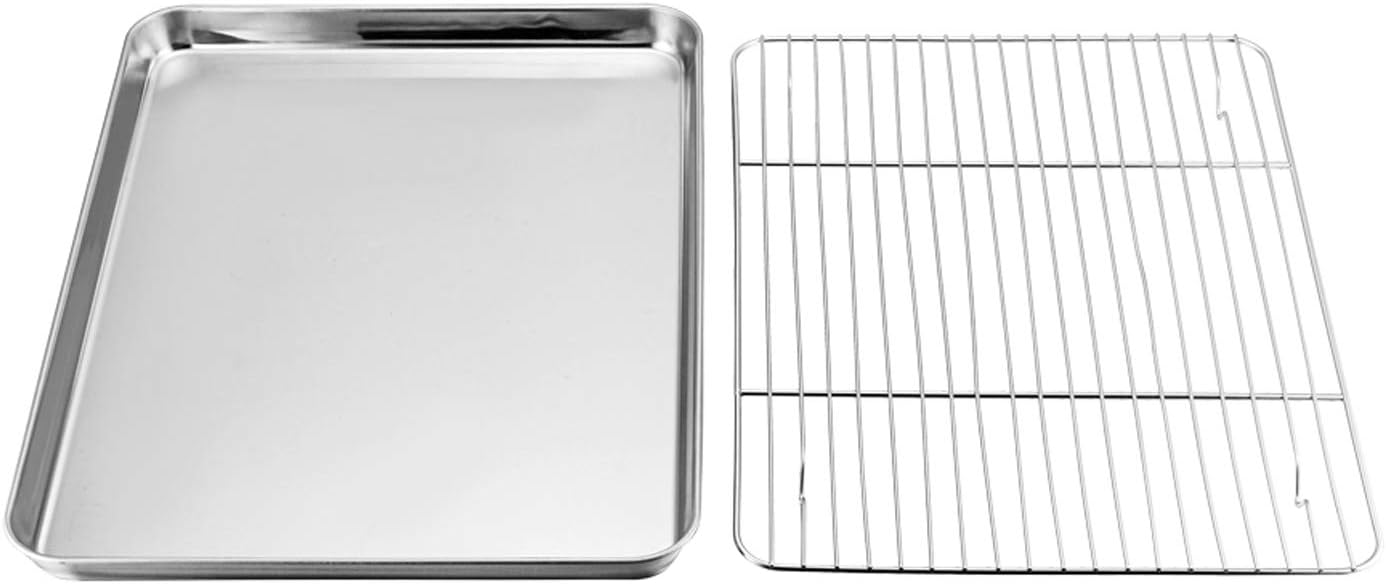 TeamFar Baking Sheet with Rack Set, Stainless Steel Baking Pan Tray Cookie Sheet with Cooling Rack, Non Toxic & Healthy, Easy Clean & Dishwasher Safe