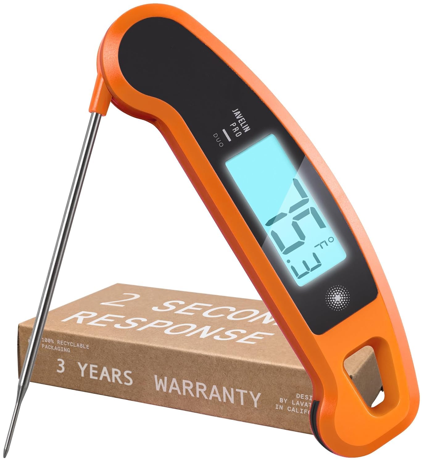 Lavatools Javelin® PRO Duo Ultra-Fast 2-Second Professional Digital Instant Read Meat Thermometer for Grill and Cooking, Auto-Rotating Backlit Display, IP65 Water Resistant, NSF Certified – Tangerine