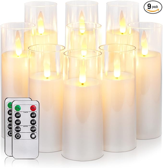 Homemory Pure White Acrylic Flameless LED Candles, Battery Operated With Remote Control and Timer, Electric Fake Candles for Wedding, Home Decor, Set of 9