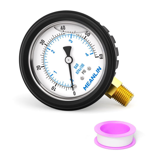 MEANLIN MEASURE 0~60Psi Stainless Steel Liquid Filled Pressure Gauge 1/4" NPT 2.5" FACE DIAL with Rubber Protective Sleeve, Lower Mount
