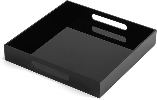 Glossy Black Sturdy Acrylic Serving Tray with Handles-12x12 Inch-Serving Coffee,Appetizer,Breakfast,Butler-Kitchen Countertop Tray-Makeup Drawer Organizer-Vanity Table,Ottoman Tray-Decorative